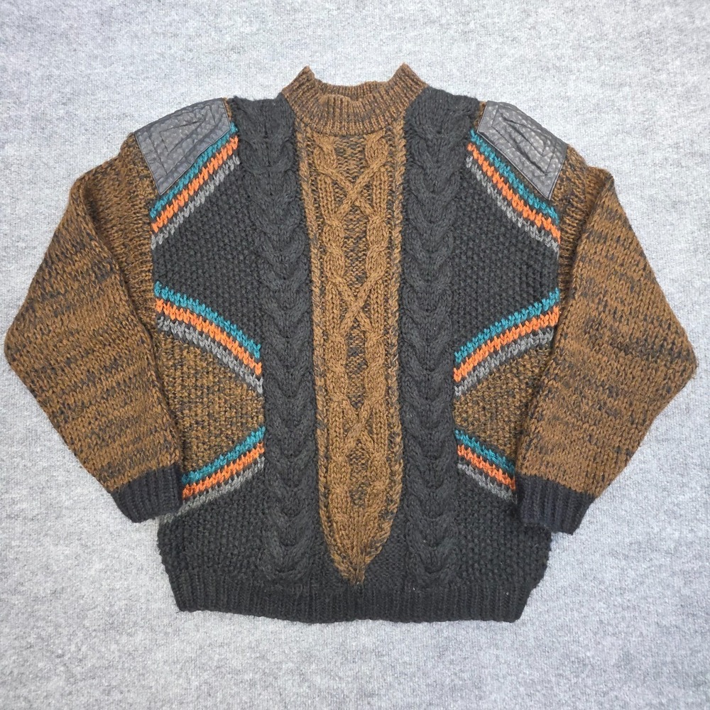 Vintage Street Scenes Sweater Men's Large Brown Black Fisher Knit 3D Leather